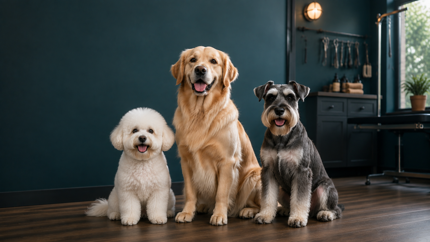 Three freshly groomed dogs at Fabulous Fur Grooming